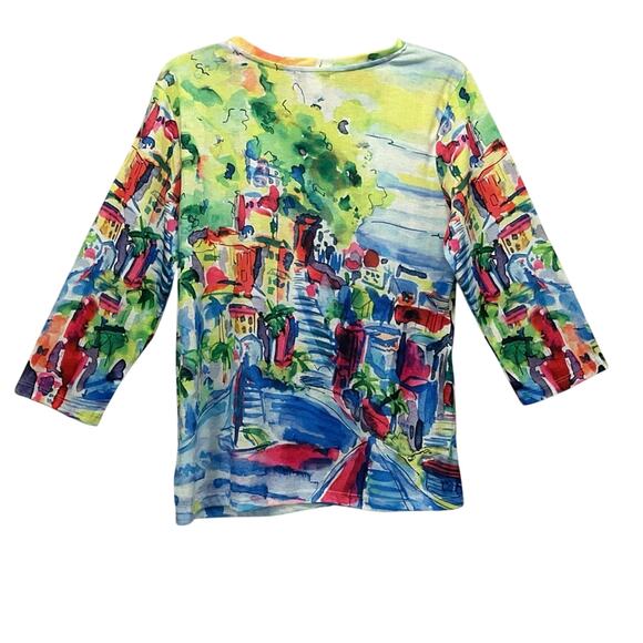 CJ Banks Wearable Art Top Size L Multicolor Artsy Festive Casual Travel Pullover - Picture 9 of 9